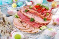 Easter breakfast with platter of cured meat and ham Royalty Free Stock Photo