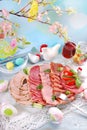 Easter breakfast with platter of cured meat and ham Royalty Free Stock Photo