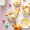 Easter breakfast rolls with orange glaze shaped like a bunny