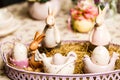 Easter breakfast table with tea,eggs in egg cups, spring flowers in vase and Easter decor Royalty Free Stock Photo