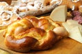 Easter breakfast typical of the Abruzzo region in Italy with Easter pizza eggs salami sweet cheese called pupa and bocconotti typ