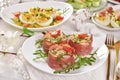 Easter breakfast with vegetable salad wrapped in parma ham and deviled eggs Royalty Free Stock Photo