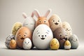 Easter bright cartoon colored eggs with smiles and rabbit ears, Generative AI