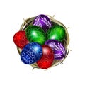 Easter bright painted eggs in a nest or basket