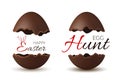 Easter broken egg 3d. Chocolate brown open eggs set isolated white background. Traditional sweet candy dessert
