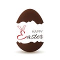 Easter broken egg. Happy Easter text bunny ears. Chocolate brown open egg isolated white background. Traditional sweet