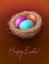 Easter brown gorgeous card with colorful eggs in a straw nest