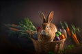 Easter brown rabbit sits in a wicker basket with chicken eggs and carrots. Generative AI technology