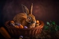 Easter brown rabbit sits in a wicker basket with chicken eggs. Generative AI technology