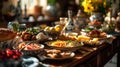 Easter brunch buffet, festively decorated buffet table, Easter gathering, bright and festive color