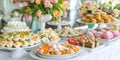 Easter brunch buffet. Food and snacks, variety of meats, cheese selections, eggs and pastries. Colorful spring flowers decoration