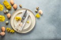 Easter brunch table setting. Easter egg in bunny napkin on plate with spring flowers. place for text, top view Royalty Free Stock Photo