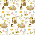 Easter bun pattern with icing and decoration, citrus fruits, eggs, candles, hares and decor. Pastel palette. Easter