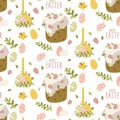 Easter bun pattern with icing and decoration, citrus fruits, eggs, candles, hares and decor. Pastel palette. Easter