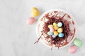 Easter bundt cake with chocolate nest of colorful candy eggs, overhead view Royalty Free Stock Photo
