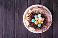 Easter bundt cake with chocolate nest of colorful candy eggs, top view Royalty Free Stock Photo