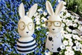 Happy Easter- Easter Bunnies In Blue Grape Hyacinths, White Anemones