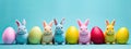 Easter Bunnies With Colored Eggs On Blue Background. Colorful Holidays Banner