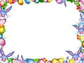 Easter bunnies with colorful eggs and flowers border frame