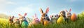 Easter Bunnies With Colorful Easter Eggs In Flowery Meadow Background. Wide Banner