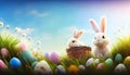 Easter Bunnies with Decorated Eggs in Spring Meadow Royalty Free Stock Photo