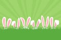 Easter bunnies ears in row in grass, cartoon rabbits ears border. Easter eggs hunt. Cute holiday background. Spring illustration