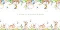 Watercolor seamless borders with easter bunnies, easter eggs, basket, nest, titmouse, butterfly, grass, flowers