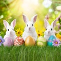 Easter bunnies, eggs, colorful flowers on wide spring background Royalty Free Stock Photo