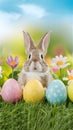 Easter bunnies, eggs, colorful flowers on wide spring background Royalty Free Stock Photo
