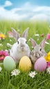 Easter bunnies, eggs, colorful flowers on wide spring background Royalty Free Stock Photo