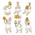 Easter bunnies with eggs and flowers, vector set
