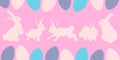 Easter bunnies and eggs. Set of pink rabbits and colored eggs.