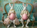 Easter bunnies with eggs on vintage French-style settee. Whimsical Easter scene with white rabbits