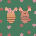 Easter bunnies, flowers. Brown rabbits on a green background