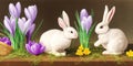 AI generated image of Easter bunnies on an indoor wooden table with purple crocus flowers