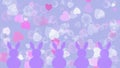 Easter bunnies on pastel colour background with bokeh orbs and hearts