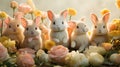 Easter bunnies playing in a meadow, surrounded by pastel-colored tulips and daffodils. The bunnies are adorned with bows and