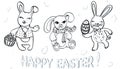 Easter bunnies set with colored eggs and a heart. Concept line art easter illustration. Royalty Free Stock Photo