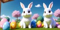 Easter bunnies sit quietly in a lush green field surrounded by brightly colored trees, with Easter eggs lying in front of them Royalty Free Stock Photo