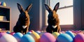 Easter bunnies sit quietly in a lush green field surrounded by brightly colored trees, with Easter eggs lying in front of them Royalty Free Stock Photo