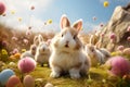 Easter bunnies on a sunny flower meadow with colorful eggs Royalty Free Stock Photo