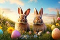 Easter bunnies on a sunny flower meadow with colorful eggs Royalty Free Stock Photo