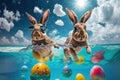 Easter bunnies swiming and hunting Easter eggs in the sea. AI Generated