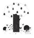 Easter bunnies tree springtime black and white cartoon flat illustration