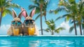 Easter bunnies on vacation with cold drinks by swimming pool, palm trees in background. Holidays bunner Royalty Free Stock Photo