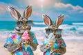 Easter bunnies in vacation with ice cream cones on sunny beach with clear blue sky in background. Anthropomorphic animals