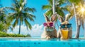 Easter bunnies on vacation wearing sunglasses next to swimming pool under palm trees Royalty Free Stock Photo