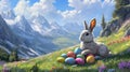 Easter Bunny Amidst Mountain Flowers And Eggs Royalty Free Stock Photo