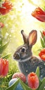 Easter Bunny Amidst Spring Tulips and Painted Eggs Royalty Free Stock Photo