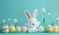 Easter bunny in animation style with closed eyes, close-up on a blue background. Generated by artificial intelligence. Royalty Free Stock Photo